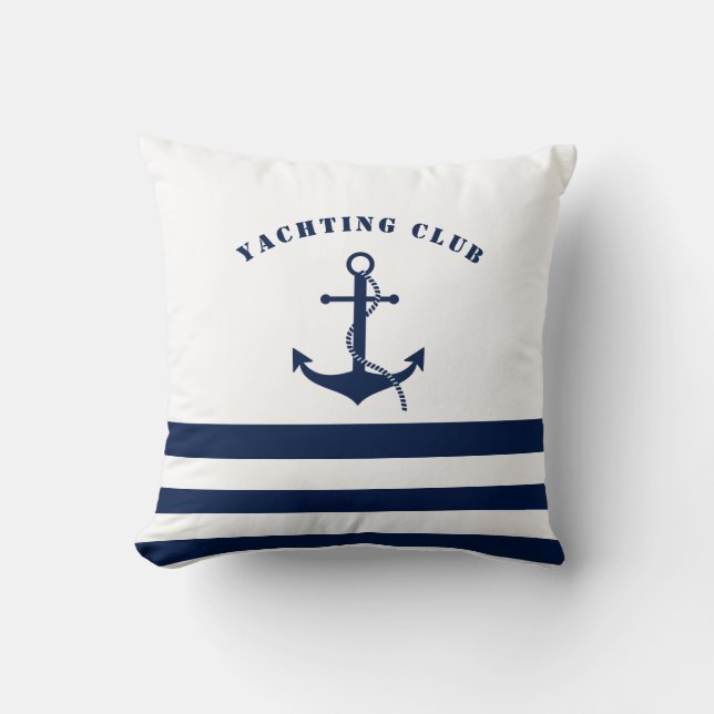 Nautical Pillow, Anchor, Blue and White, Maritime Cushion (Front)