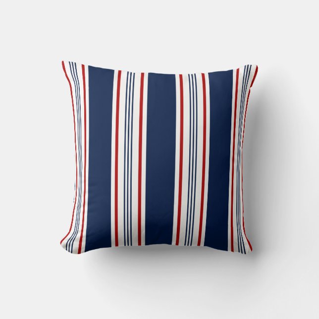 Nautical Pillow, Blue, White, Red Striped Cushion (Front)