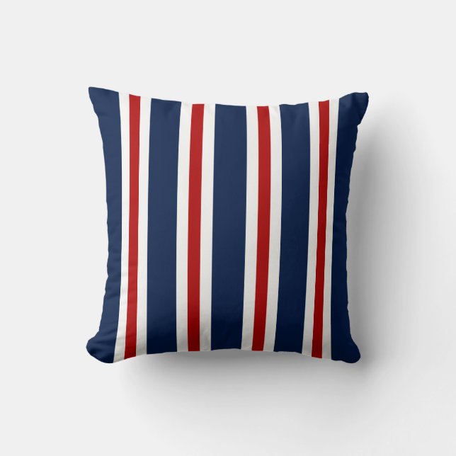 Nautical Pillow, Blue White Red Striped Pillow (Front)