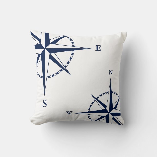 Nautical Pillow, Compass, Blue, White, Maritime Cushion (Front)