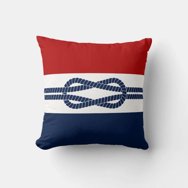 Nautical Pillow, Rope, Blue, White, Red, Maritime Cushion (Front)