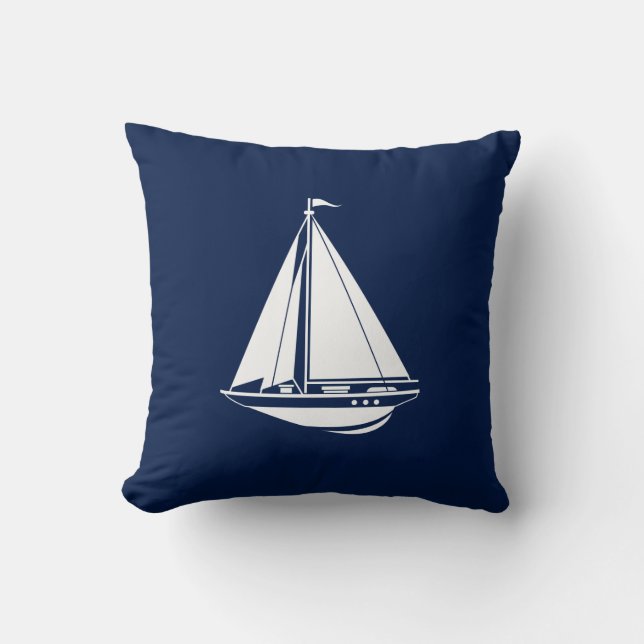 Nautical Pillow, Sailboat, Blue, White, Maritime Cushion (Front)