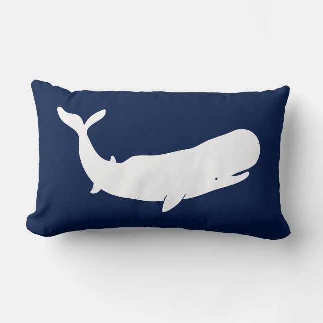 Nautical Pillow, Whale, Blue and White, Maritime Lumbar Cushion (Front)