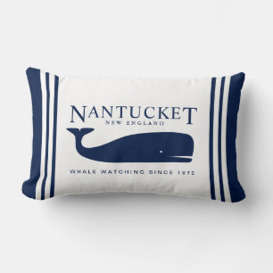 Nautical Pillow, Whale, Blue and White, Maritime Lumbar Cushion