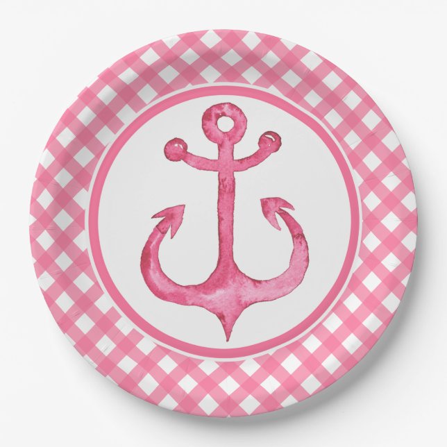 Nautical Pink Anchor Plaid Paper Plates (Front)