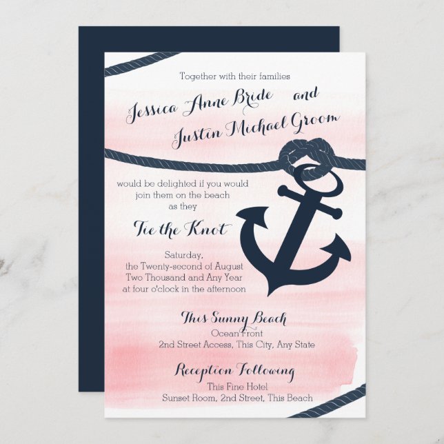 Nautical Pink and Navy Rope and Anchor Wedding Invitation (Front/Back)
