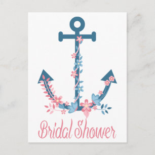 Nautical Pink & Blue Bridal Shower Anchor Floral Invitation Postcard