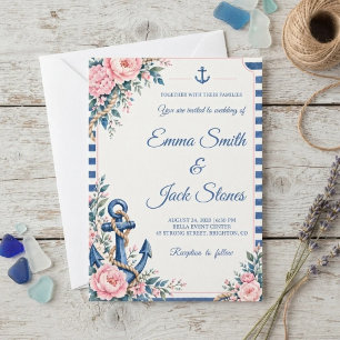 Nautical Pink Blue Floral Anchor Wedding Invitation