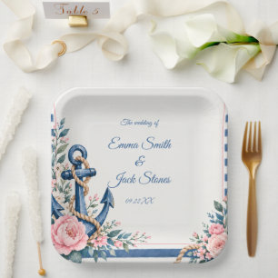 Nautical Pink Blue Floral Anchor Wedding Paper Plate