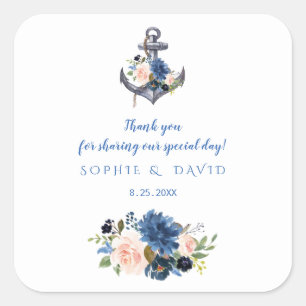 Nautical Pink Blush Blue Floral Anchor Wedding Square Sticker