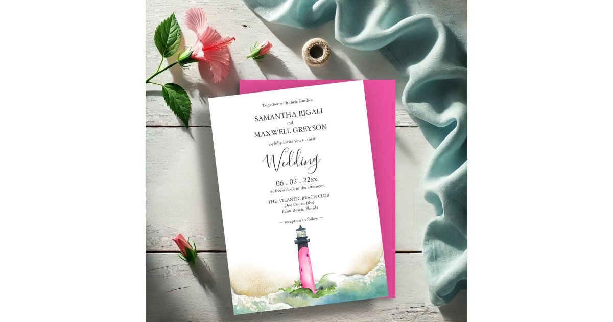 Nautical Pink Lighthouse Beach Destination Wedding Invitation | Zazzle