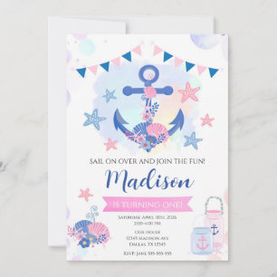 Nautical Pink Navy Anchor Girl 1st Birthday Invitation