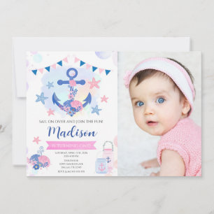 Nautical Pink Navy Anchor Girl 1st Birthday Photo Invitation