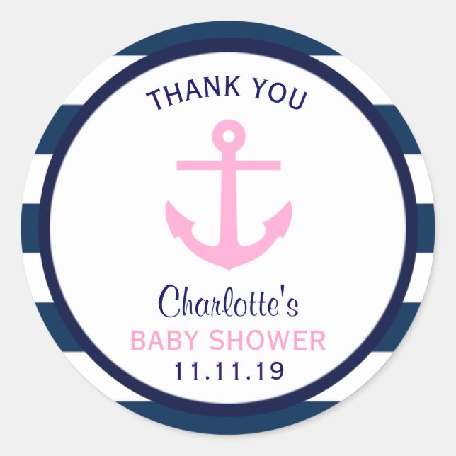 Nautical Pink Navy Blue Baby Shower GIRL Classic Round Sticker (Front)