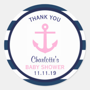 Nautical Pink Navy Blue Baby Shower GIRL Classic Round Sticker