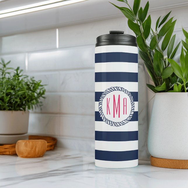 Nautical Pink & Navy Preppy Stripe Monogram Thermal Tumbler (Creator Uploaded)