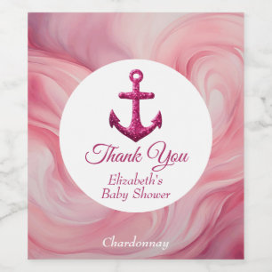 Nautical Pink Sparkle Anchor Baby Shower Wine Label