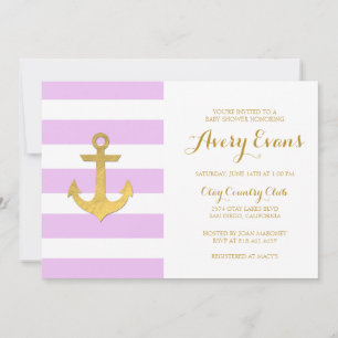 Nautical Pink Stripe Baby Shower with Gold Anchor Invitation
