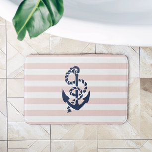 Nautical Pink Stripe Navy Anchor Bath Mat