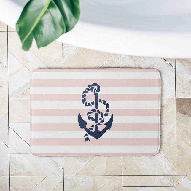 Nautical Pink Stripe Navy Anchor Bath Mat (Creator Uploaded)