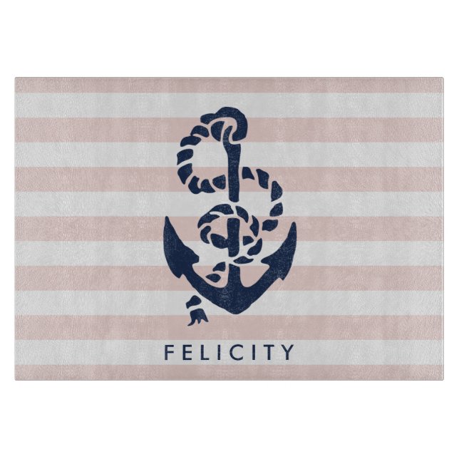 Nautical Pink Stripe & Navy Anchor Personalised Cutting Board (Front)