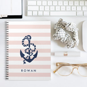 Nautical Pink Stripe & Navy Anchor Personalised Notebook