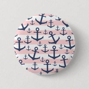 Nautical pink stripe navy blue anchor pattern 6 cm round badge