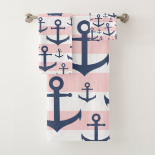 Nautical pink stripe navy blue anchor pattern bath towel set