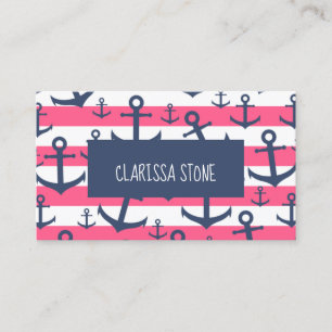 Nautical pink stripe navy blue anchor pattern  business card