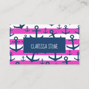 Nautical pink stripe navy blue anchor pattern business card