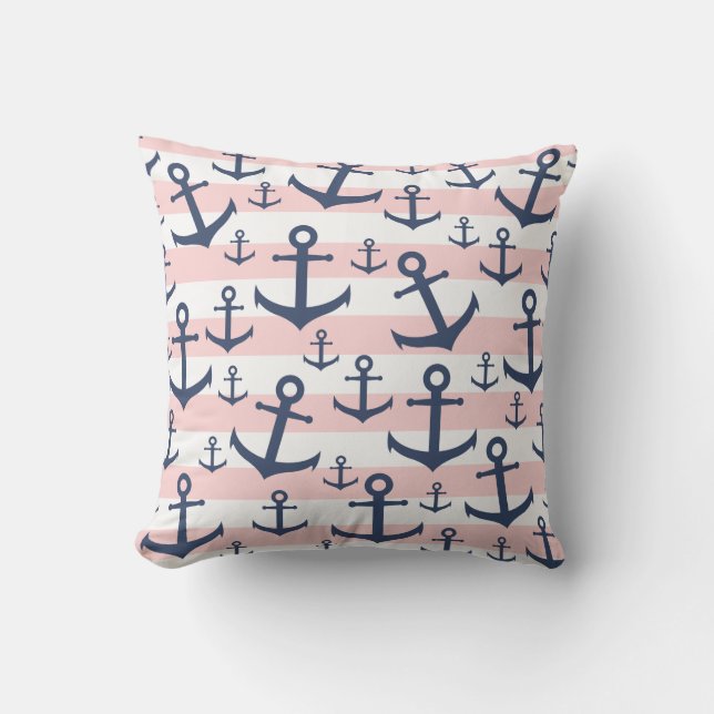 Nautical pink stripe navy blue anchor pattern cushion (Front)