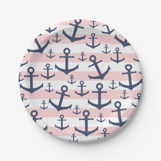 Nautical pink stripe navy blue anchor pattern paper plate (Front)