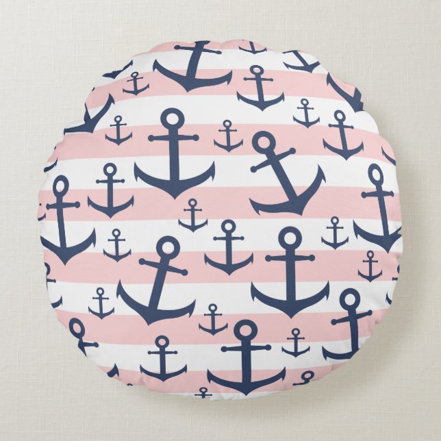 Nautical pink stripe navy blue anchor pattern round cushion (Front)
