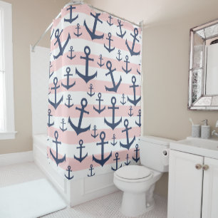 Nautical pink stripe navy blue anchor pattern shower curtain