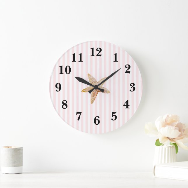 Nautical Pink Stripe Preppy Starfish Large Clock (Home)