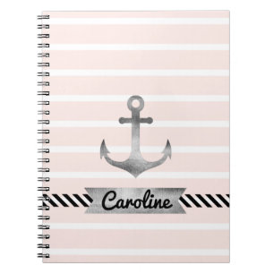 Nautical Pink Stripes Watercolor Anchor Custom Notebook
