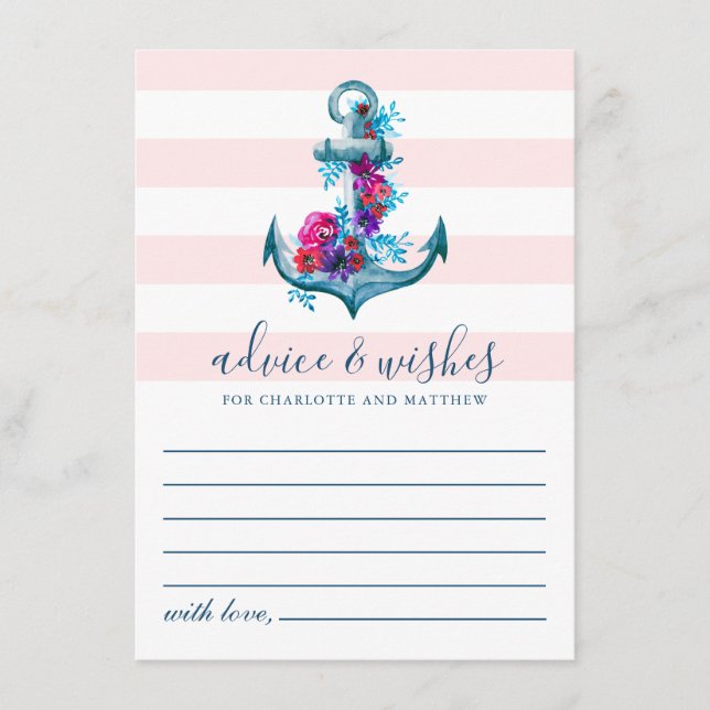 Nautical Pink Stripes Watercolor Anchor Wedding Advice Card (Front)