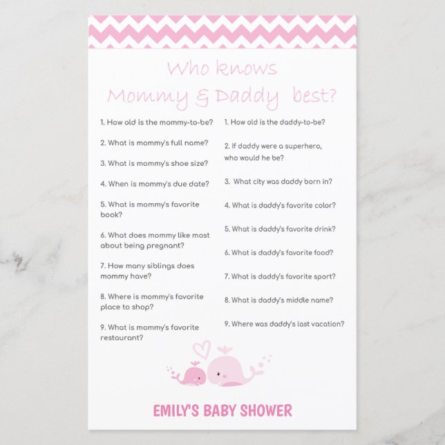 Nautical Pink Whale Baby Shower Game PRINTED (Front)