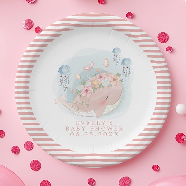Nautical Pink Whale Jellyfish Girl Baby Shower Paper Plate (Creator Uploaded)