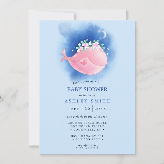 Nautical Pink Whale Watercolor Girl Baby Shower Invitation (Front)