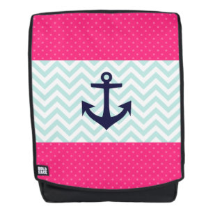 Nautical Pink White Mint Chevron Anchor Pattern Backpack