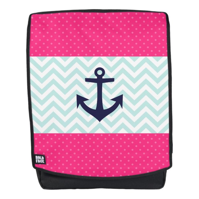 Nautical Pink White Mint Chevron Anchor Pattern Backpack (Front)