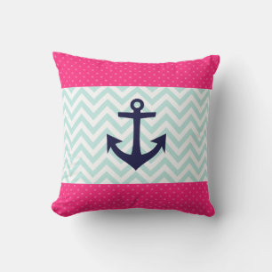 Nautical Pink White Mint Chevron  Anchor Pattern Cushion