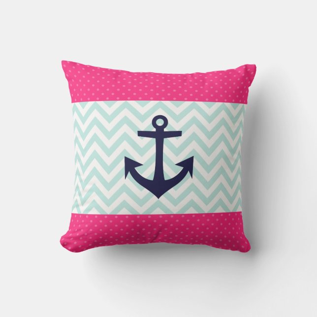 Nautical Pink White Mint Chevron  Anchor Pattern Cushion (Front)
