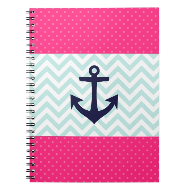 Nautical Pink White Mint Chevron Anchor Pattern Notebook (Front)