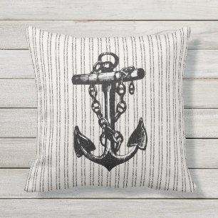 Nautical Pinstriped Anchor Black Outdoor Pillow