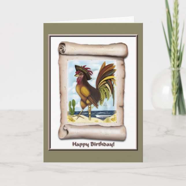 Nautical pirate rooster on island birthday card (Front)