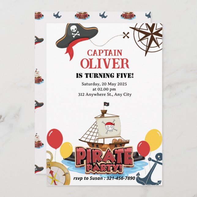 Nautical Pirate Sea Ship Birthday Invitation Card (Front/Back)