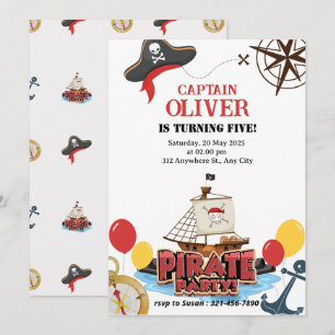 Nautical Pirate Sea Ship Birthday Invitation Card