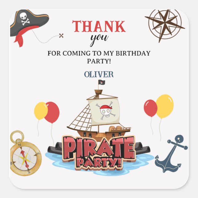 Nautical Pirate Sea Thank you Birthday Gift Card Square Sticker (Front)